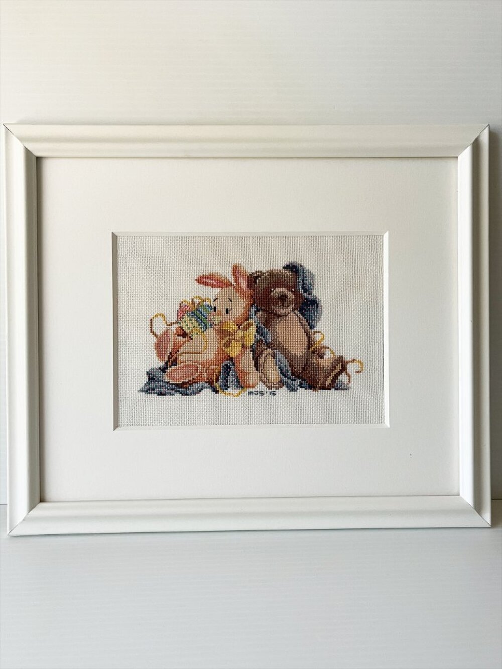 Framed Cross Stitch Nursery Art Teddy Bear Bunny MJS '15